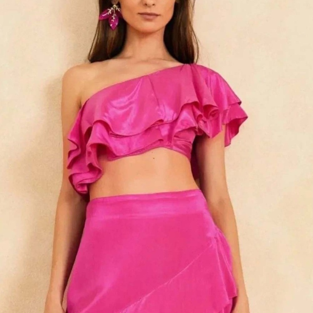FARM Rio Fuchsia Pink Marrocaine Ruffle‎ Crop Top Womens M One Shoulder Tropical